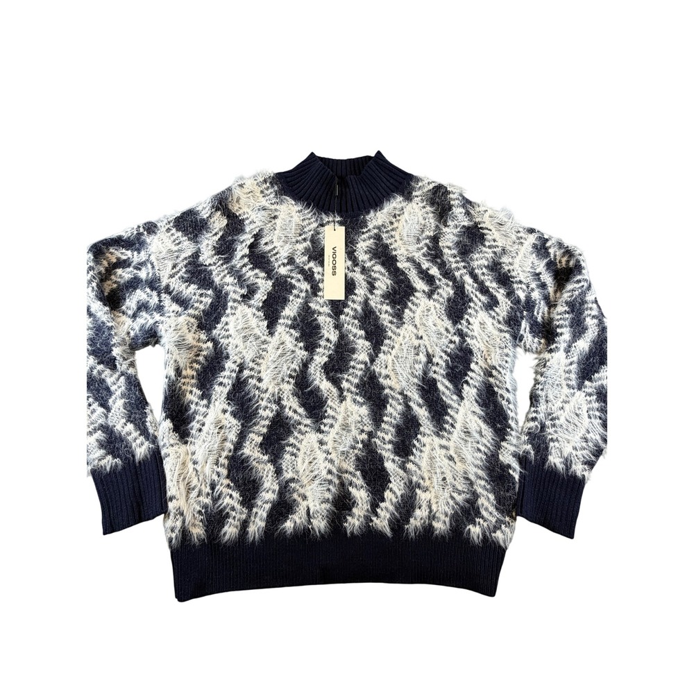 Vigoss Navy White Eyelash Knit Mock Neck Sweater Abstract Fuzzy Pullover Medium